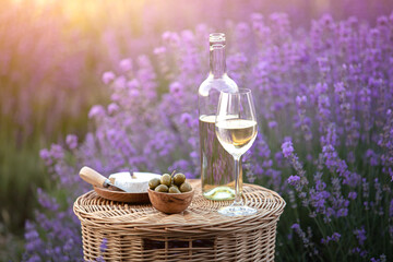Picnic at sunset in the lavender field. White wine and cheese.