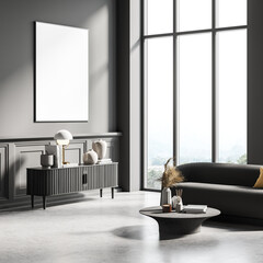 Modern room interior with mock up poster upon the sideboard, dark grey