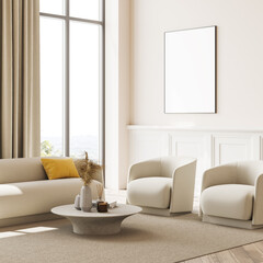 Framed poster on beige wall living room interior.
