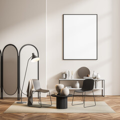 Room interior with empty mockup poster, devider and chairs, beige