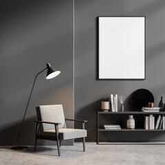 Room interior with empty poster, shelf, chair and lamp, dark grey