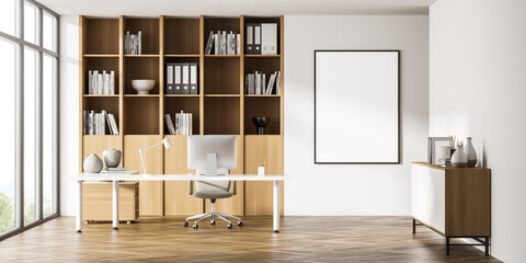 Poster in panoramic office with cabinet, sideboard, beige