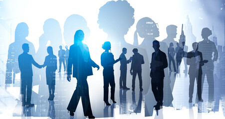Silhouettes of diverse professional business people rushing and looking for solutions in abstract...