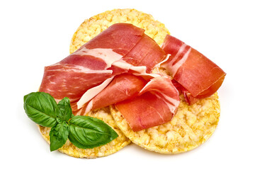Serrano ham, jerked jamon slices, isolated on white background. High resolution image.