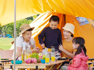 A happy family of four having a picnic outdoors