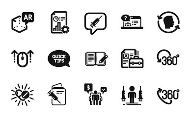 Vector set of Online help, Vacancy and Coronavirus injections icons simple set. Vaccine message, Report and 360 degree icons. Augmented reality, Medical drugs and Vaccination passport signs. Vector