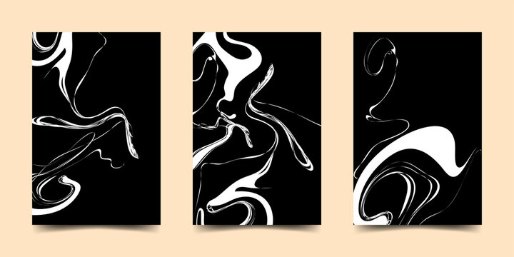 Vector abstract poster template with liquid lines. White wavy lines on a black background. Design for banner, flyer, invitation, cover, business card.