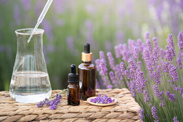Ingredients of natural cosmetics from lavender. Composition from glass bottles of essential oil and hydrolat. - obrazy, fototapety, plakaty