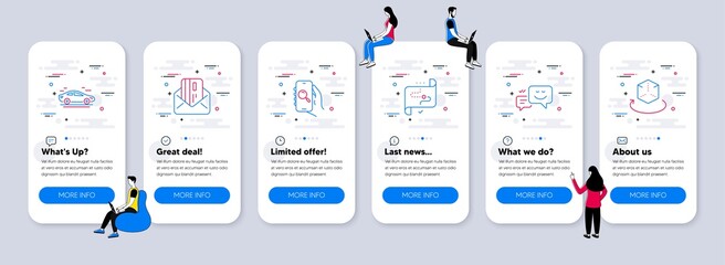 Technology icons set. UI phone app screens with teamwork. Included icon as Car, Target path, Credit card signs. Search app, Happy emotion, Augmented reality line icons. Vector