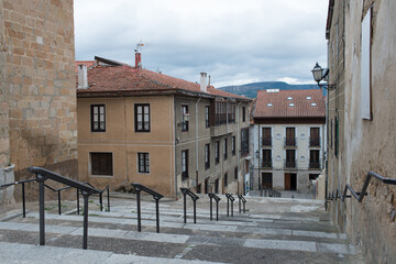 Fototapeta na wymiar View of stairs and buldings from Church of Santa Cruz. Medina de Pomar, Burgos, Merindades, Spain, Europe