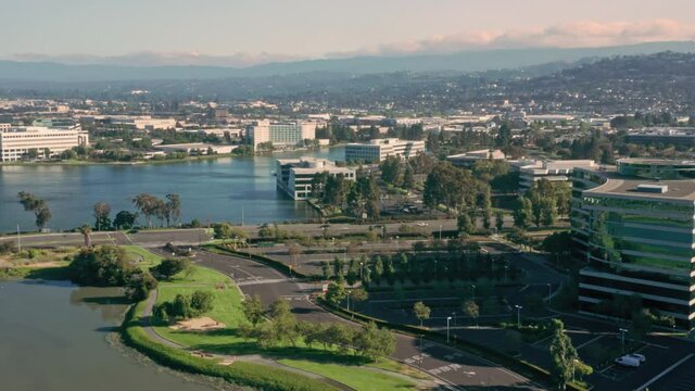Aerial: Buildings in Redwood Shores, Silicon Valley in San Francisco. California, USA