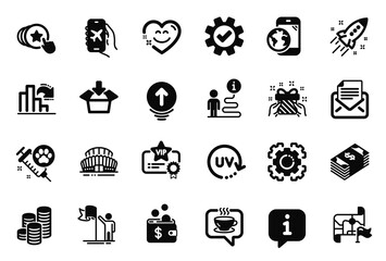 Vector Set of Business icons related to Seo gear, Hold heart and Decreasing graph icons. Leadership, Smile chat and Dog vaccination signs. Gift, Usd currency and Sports stadium. Get box. Vector