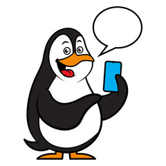 Cartoon illustration of Penguin pointing hand to a smartphone with bubble chat, suitable for mascot or logo for smartphone application © taggtoon