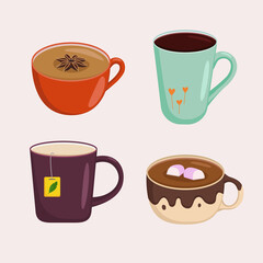 Drink cups set. Coffee with cinnamon. Tea with milk. Hot chocolate. Cocoa with marshmallows. 