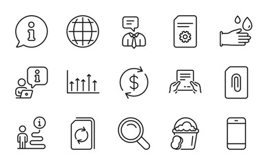 Line icons set. Included icon as Update document, Smartphone, Search signs. Growth chart, Receive file, Sponge symbols. Support service, Usd exchange, Globe. Rubber gloves, Attachment. Vector