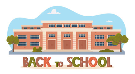 Back To School concept. Modern School Building Exterior. Facade of high school building with large windows. Design for flyer, banner, card. Vector illustration.