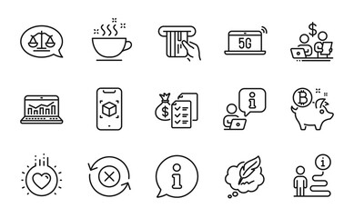 Business icons set. Included icon as Augmented reality, Coffee cup, Justice scales signs. Credit card, Web analytics, 5g notebook symbols. Copyright chat, Bitcoin coin, Budget accounting. Vector