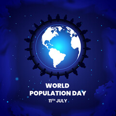 Illustration of world population day. Many peoples are standing on the earth. Background is decorating with blue color of space. Calligraphic lettering of the world population day.