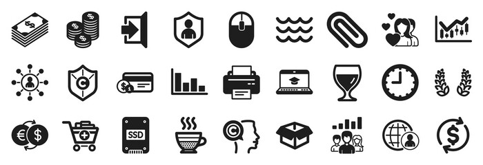 Set of simple icons, such as Payment method, Opened box, Teamwork results icons. Wine glass, Copyright protection, Histogram signs. International recruitment, Couple, Website education. Vector