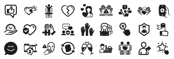 Set of People icons, such as Leadership, Life insurance, Voting hands icons. Winner podium, Face id, Dont touch signs. Smile chat, Ranking star, Puzzle. Broken heart, Work home, Safe time. Vector