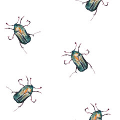 Watercolor vintage bugs pattern. Green bugs seamless pattern. Insects digital paper