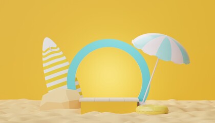 3d podium stand for product presentation with summer concept. Pedestal platform for cosmetic advertising. Minimal summer vacation. © TANATPON