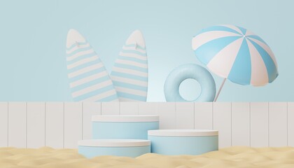 3d podium stand for product presentation with summer concept. Pedestal platform for cosmetic advertising. Minimal summer vacation.