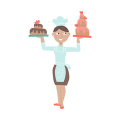 Woman chif holding festive tiered cakes flat color vector illustration. Female baker in chef hat. Girl character with confectionery product. Isolated cartoon character on white background