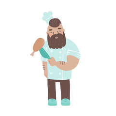 Chef holding a knife and a chicken leg. Cool male cook character with beard. Flat vector illustration isolated in white.