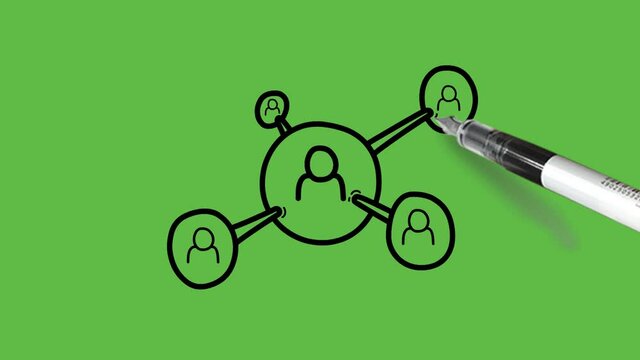Drawing set of group meeting in black and blue color combination on abstract green screen background