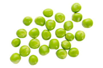 Fresh green peas isolated on white background, top view. Fresh pea seeds, isolated, top view. Pile of green freshly harvested peas isolated on white background. Fresh peas on a white, top view.