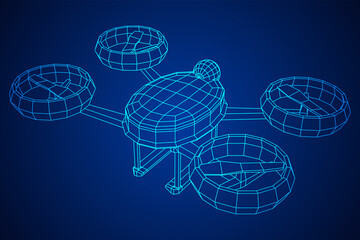 Drone flying with action video camera. Wireframe low poly mesh vector illustration