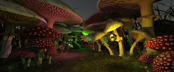 Giant fairy mushrooms illuminated by bright lanterns. Beautiful night scene. 3D illustration for a fairy tale. Fabulous wallpaper. - obrazy, fototapety, plakaty