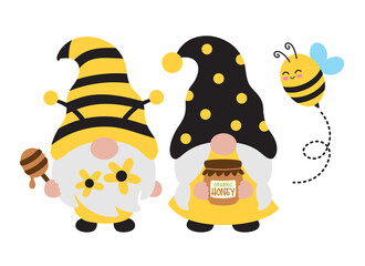 Bee gnome couple in bee costume with organic honey vector illustration.