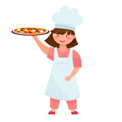 Happy little girl with pizza on plate. Cute smiling girl in chef uniform preparing homemade italian pizza. Cartoon style vector illustration, isolated on white.