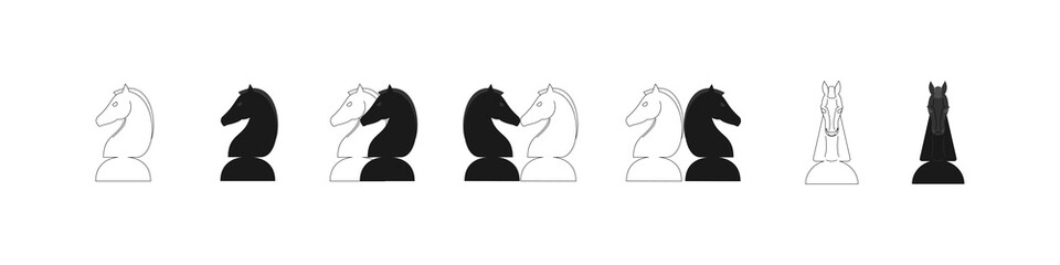 Horse chess piece icon. Set of vector illustrations of a chess horse. Black-white drawing of a horse on a white background.