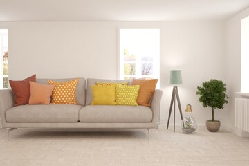 White living room with sofa. Scandinavian interior design. 3D illustration