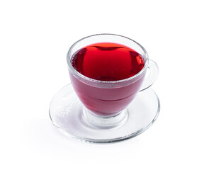 Cup of hibiscus tea isolated on white background