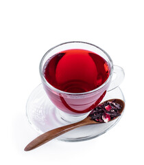 Cup of hibiscus tea isolated on white background