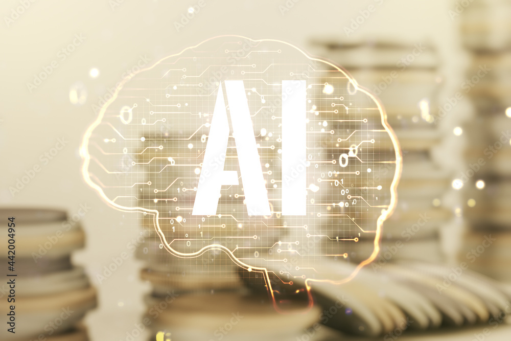 Poster double exposure of creative artificial intelligence interface on growing stacks of coins background.