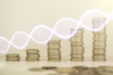 Double exposure of creative DNA hologram on growing stacks of coins background. Bio Engineering and DNA Research concept