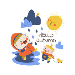 Little girls are having fun in the rain. Friends rejoice in the beginning of autumn. Vector illustration in cartoon style on white background. Hand drawing. Isolate. Suitable for printing postcards.