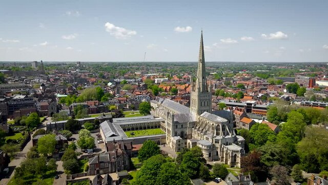 Aerial view of Norwich Cathedral located in Norwich, Norfolk