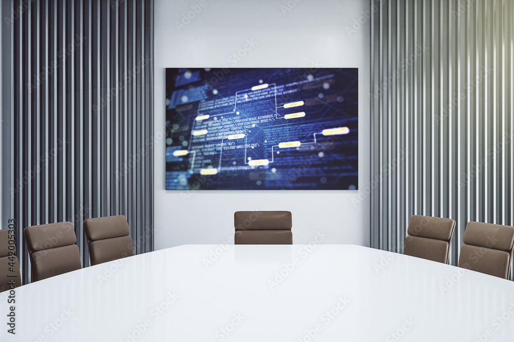 Aufkleber Abstract software development hologram on presentation tv screen in a modern meeting room, research and analytics concept. 3D Rendering