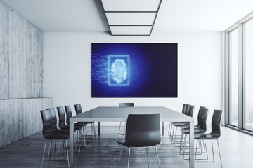 Abstract creative fingerprint illustration on presentation screen in a modern conference room, digital access concept. 3D Rendering