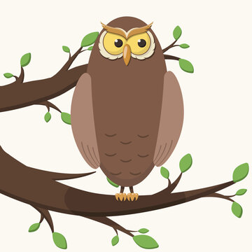 Vector simple isolated illustration. Cartoon character owl or eagle owl sitting on a tree branch with leaves. A bird with large eyes and a beak.