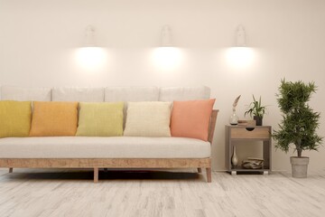 Fototapeta na wymiar White living room with sofa and colorful pillows. Scandinavian interior design. 3D illustration
