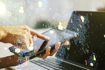 Double exposure of social network icons concept with world map and finger clicks on a digital tablet on background. Marketing and promotion concept