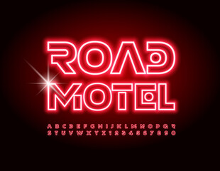 Vector bright sign Road Motel. Set of Red Neon Alphabet Letters and Numbers. Glowing futuristic Font