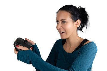 A smiling happy, concentrated young caucasian woman holding a wireless joypad excited focusing playing a digital online video game as a fun relaxing recreational leisure hobby, isolated on white